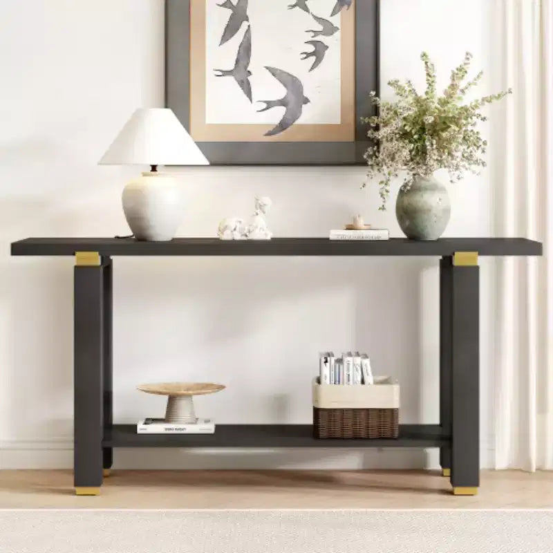 Console moderne minimaliste, Table d'entrée en bois avec étagère et accents métalliques pour couloir, salon ou derrière un canapé
