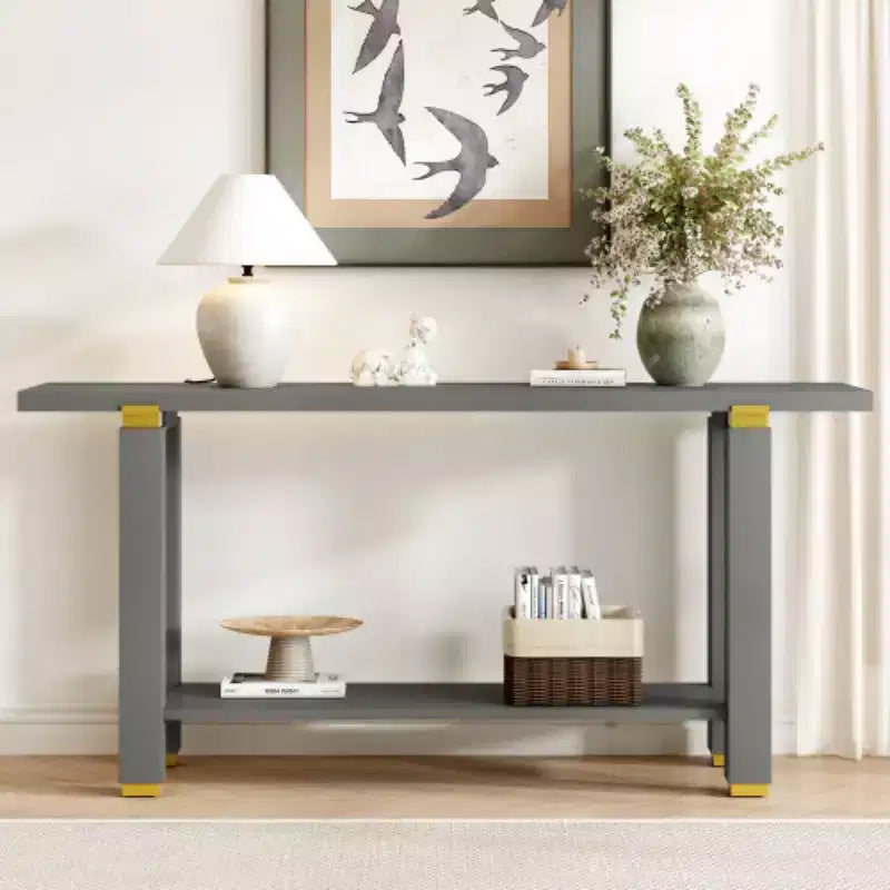 Console moderne minimaliste, Table d'entrée en bois avec étagère et accents métalliques pour couloir, salon ou derrière un canapé