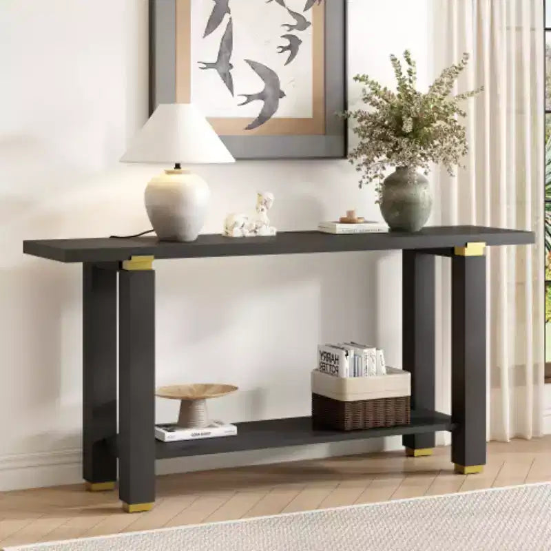 62.9 Modern Minimalist Console Table, Wood Entryway Table with Shelf and Metal Accents for Hallway, Living Room or Behind Sofa - Panipeachy