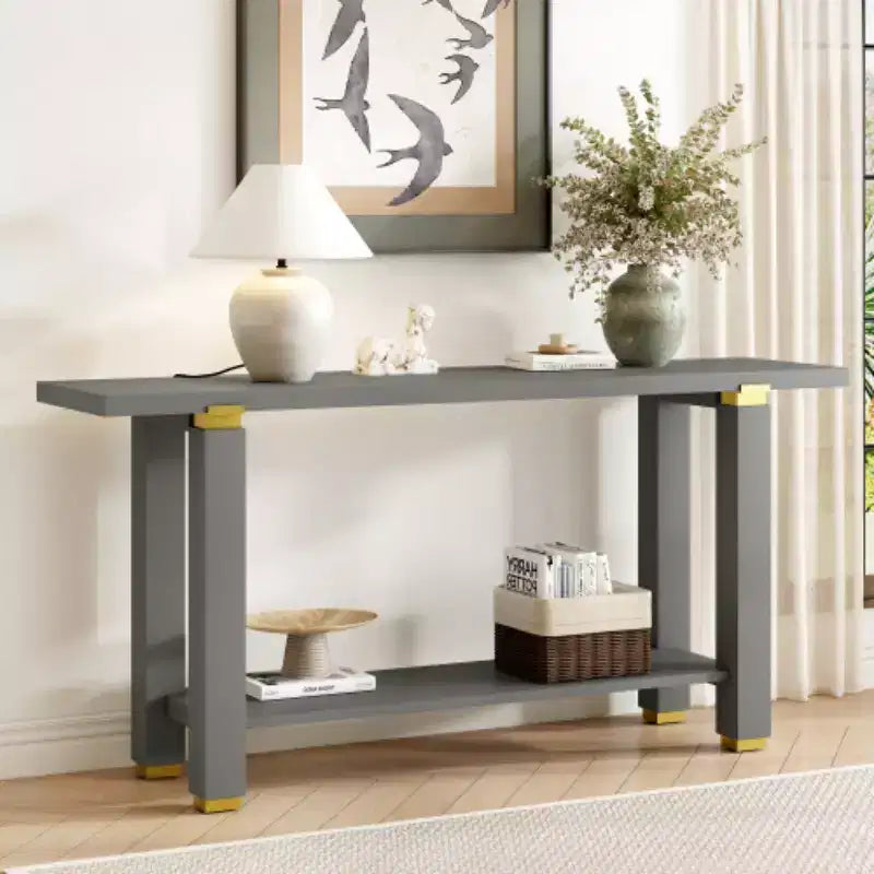 Console moderne minimaliste, Table d'entrée en bois avec étagère et accents métalliques pour couloir, salon ou derrière un canapé