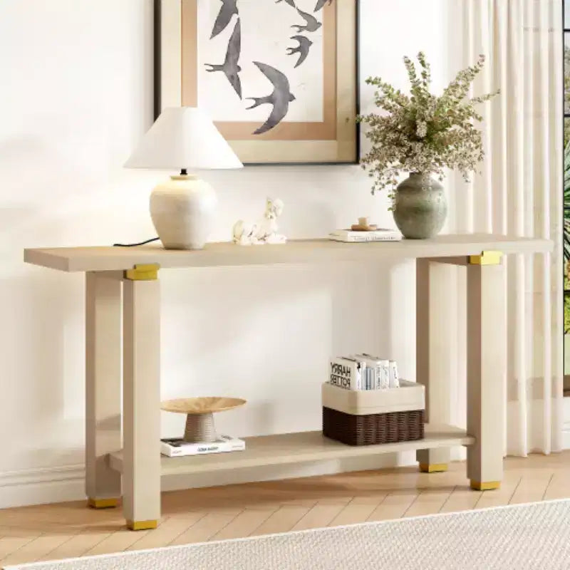 Console moderne minimaliste, Table d'entrée en bois avec étagère et accents métalliques pour couloir, salon ou derrière un canapé
