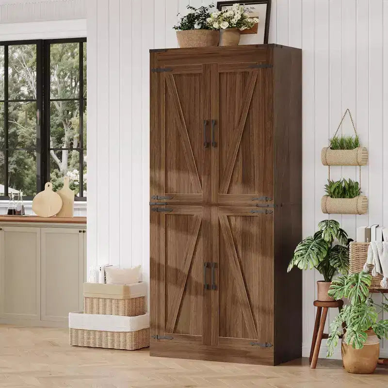 71 Tall Kitchen Pantry Cabinet, Farmhouse Large Wood Storage Cabinet with 4 Barn Doors Adjustable Shelves for Dining Room Living Room