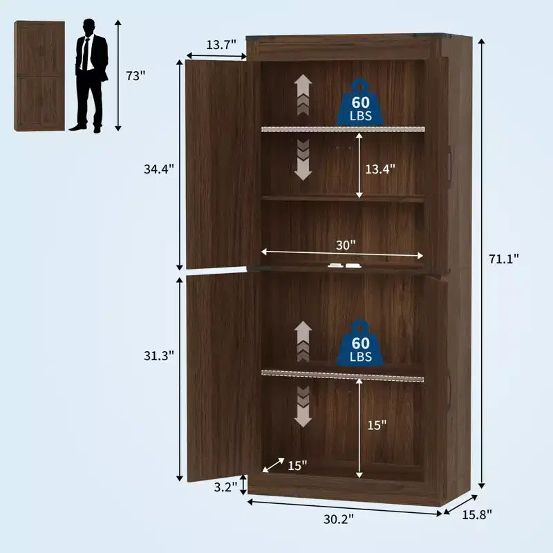 Armoire de cuisine haute de 180 cm, grand meuble de rangement en bois style ferme avec 4 portes coulissantes et étagères réglables pour salle à manger et salon