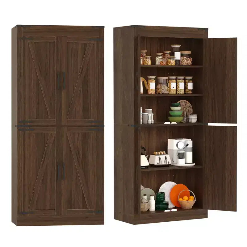 Armoire de cuisine haute de 180 cm, grand meuble de rangement en bois style ferme avec 4 portes coulissantes et étagères réglables pour salle à manger et salon