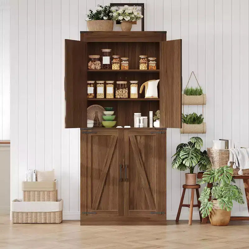 Armoire de cuisine haute de 180 cm, grand meuble de rangement en bois style ferme avec 4 portes coulissantes et étagères réglables pour salle à manger et salon