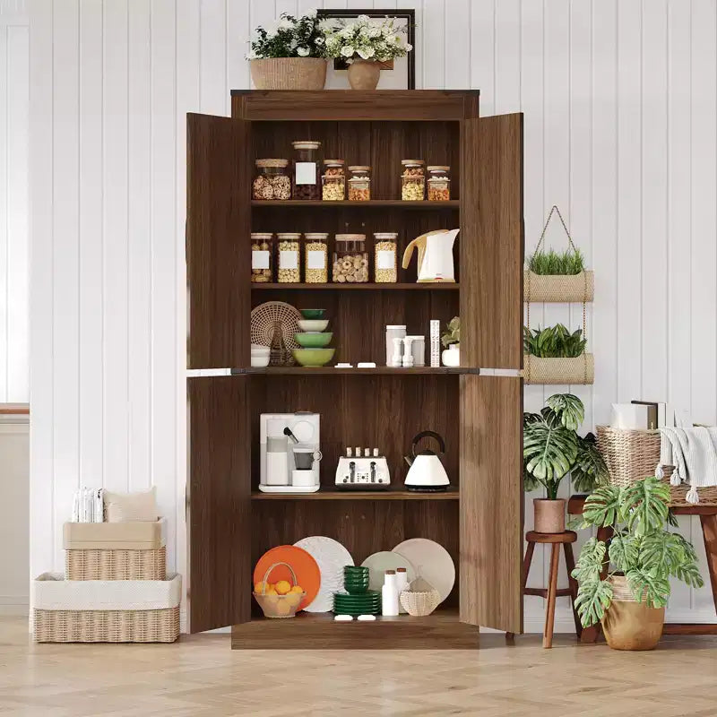 Armoire de cuisine haute de 180 cm, grand meuble de rangement en bois style ferme avec 4 portes coulissantes et étagères réglables pour salle à manger et salon