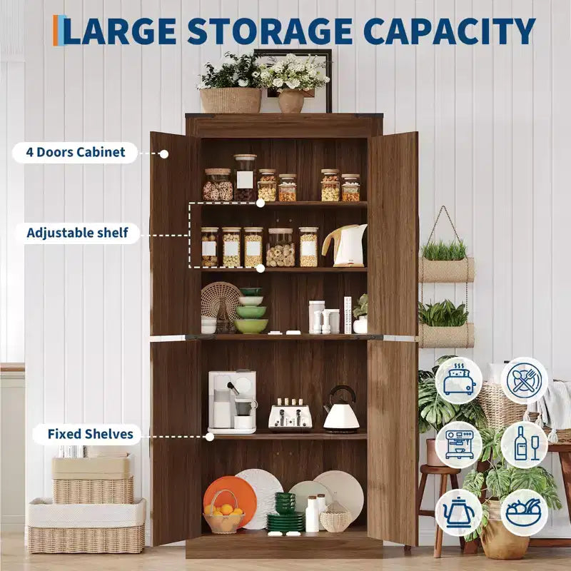 Armoire de cuisine haute de 180 cm, grand meuble de rangement en bois style ferme avec 4 portes coulissantes et étagères réglables pour salle à manger et salon
