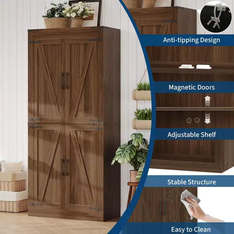 Armoire de cuisine haute de 180 cm, grand meuble de rangement en bois style ferme avec 4 portes coulissantes et étagères réglables pour salle à manger et salon