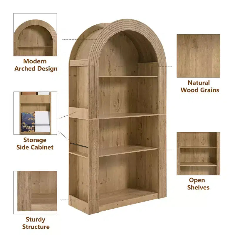 Étagère bibliothèque arquée à 4 niveaux de style Mid-century, armoire de rangement ouverte en bois pour bureau et salon.