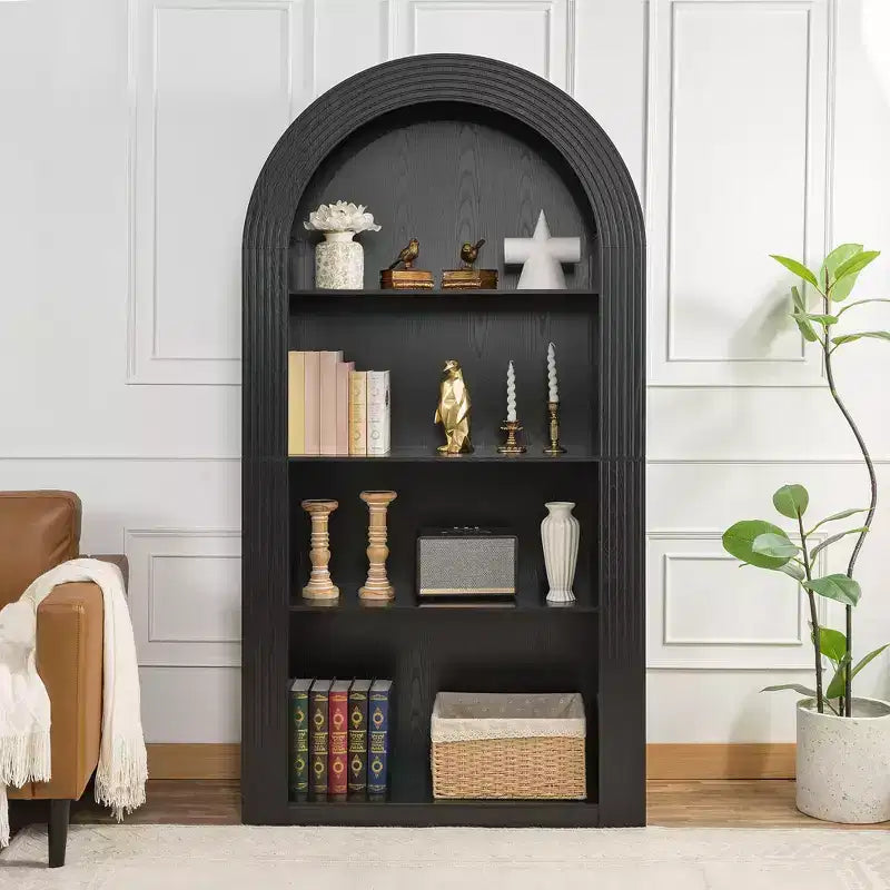 Okak Mid Century 4 Tier Tall Arched Bookshelf Cabinet,Wooden Display Bookcase Open Storage Rack for Office,Living Room