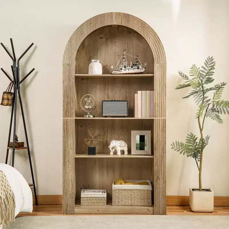 Étagère bibliothèque arquée à 4 niveaux de style Mid-century, armoire de rangement ouverte en bois pour bureau et salon.