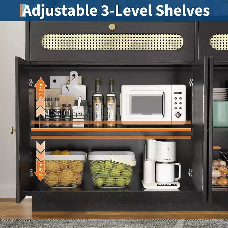 Buffet en rotin de 152 cm avec 2 tiroirs et 4 portes en rotin, meuble de rangement avec étagères réglables pour salle à manger, salon et entrée