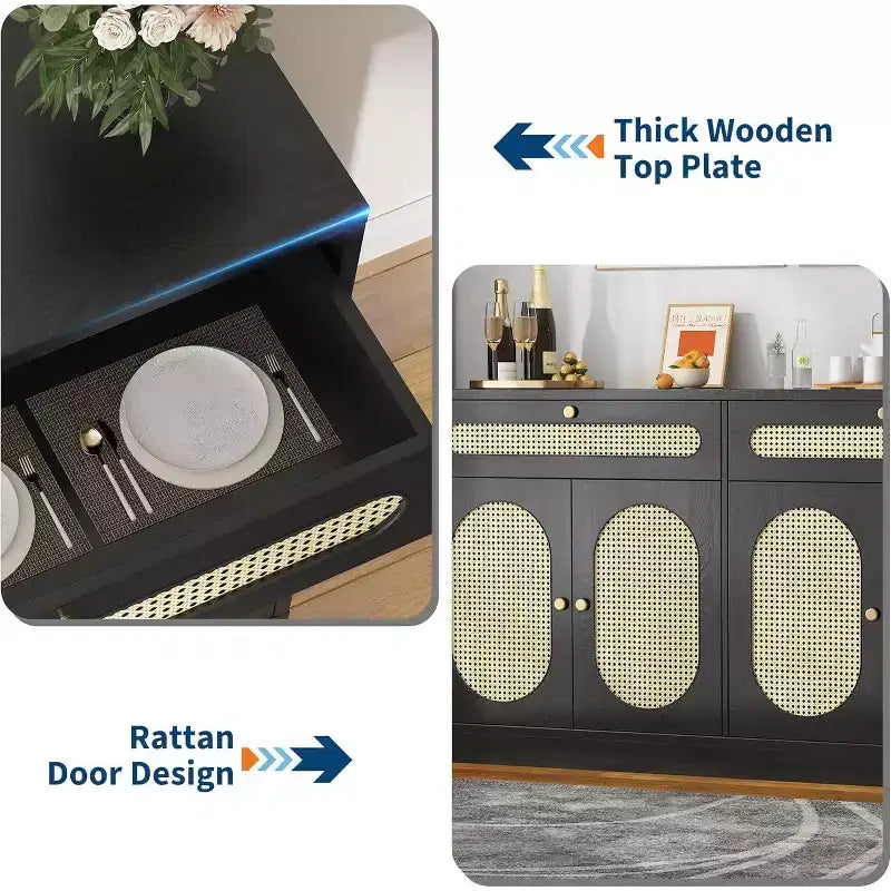 Buffet en rotin de 152 cm avec 2 tiroirs et 4 portes en rotin, meuble de rangement avec étagères réglables pour salle à manger, salon et entrée