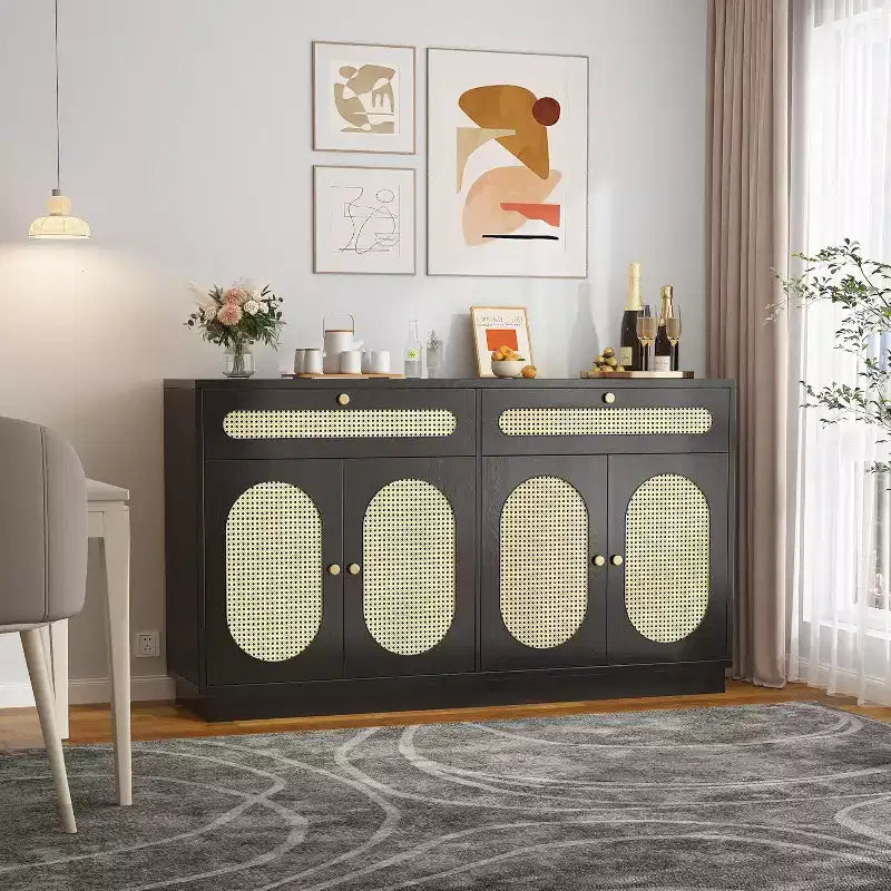 60'' Rattan Sideboard Cabinet with 2 Drawers and 4 Rattan Doors, Buffet Cabinet with Adjustable Shelves for Dining Room, Living Room and EntryWay