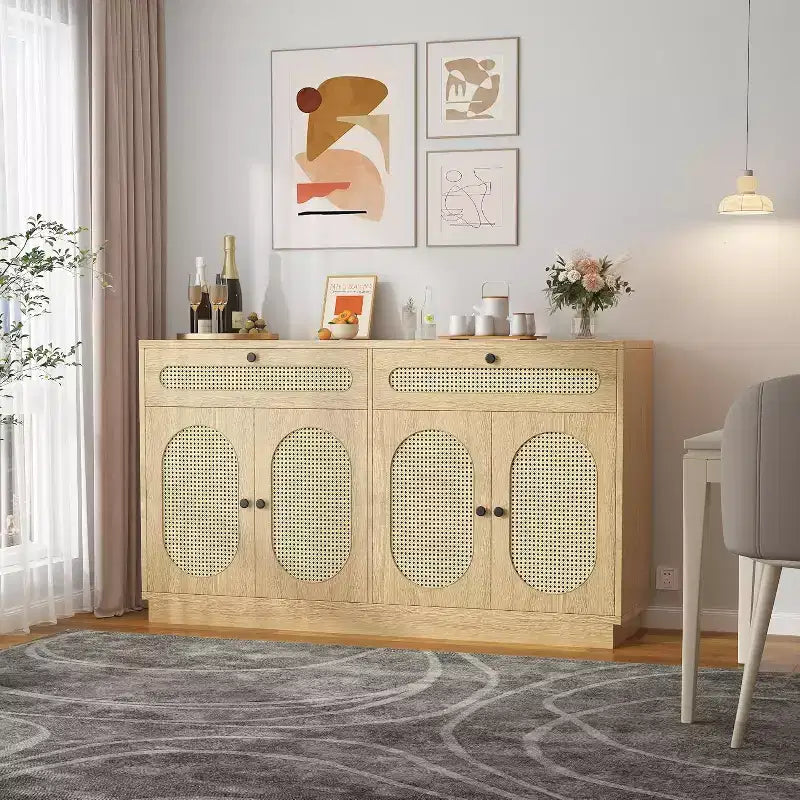 Buffet en rotin de 152 cm avec 2 tiroirs et 4 portes en rotin, meuble de rangement avec étagères réglables pour salle à manger, salon et entrée