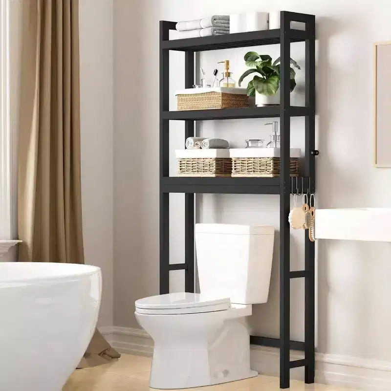 Over Toilet Storage Cabinet 3 Tier Bathroom Organizers with Adjustable Shelf 4 Hooks Space Saving Black Shelf Rack