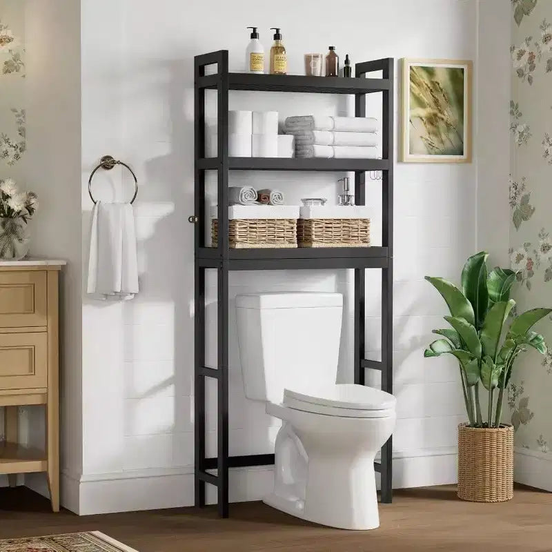 Meuble de rangement au-dessus des toilettes, 3 niveaux, organisateur de salle de bain avec étagère réglable, 4 crochets, étagère gain de place noire
