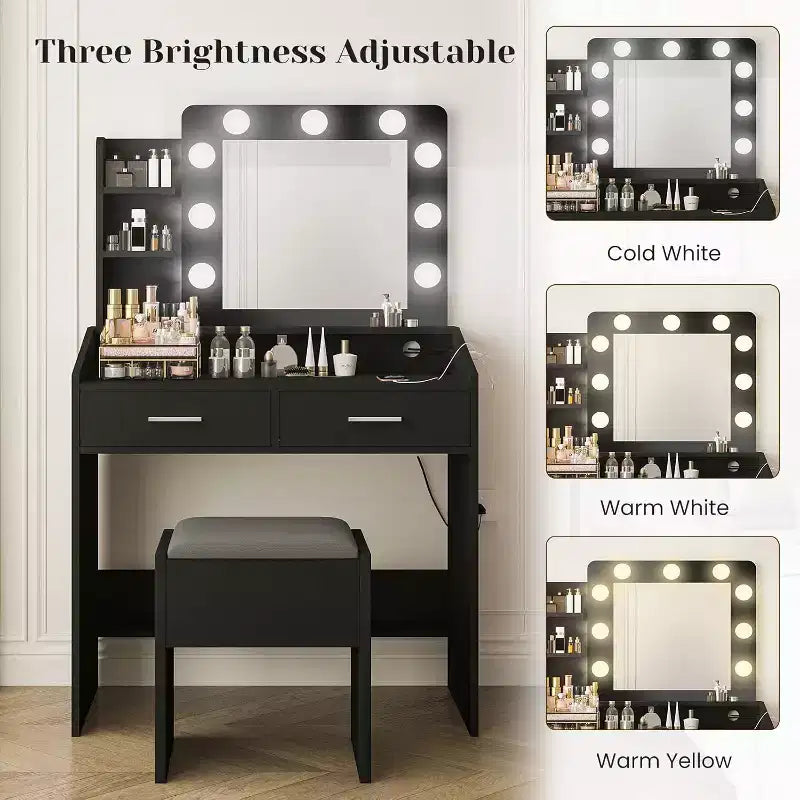 Coiffeuse avec miroir et lumières pour chambre à coucher, table de maquillage avec 2 tiroirs, 3 modes d'éclairage et LED à intensité variableCoiffeuse avec miroir et lumières pour chambre à coucher