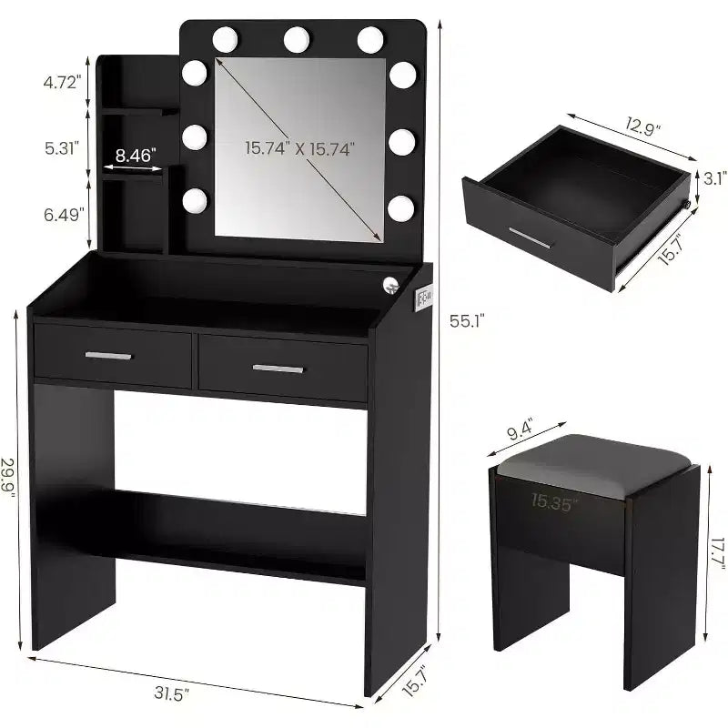 Coiffeuse avec miroir et lumières pour chambre à coucher, table de maquillage avec 2 tiroirs, 3 modes d'éclairage et LED à intensité variableCoiffeuse avec miroir et lumières pour chambre à coucher