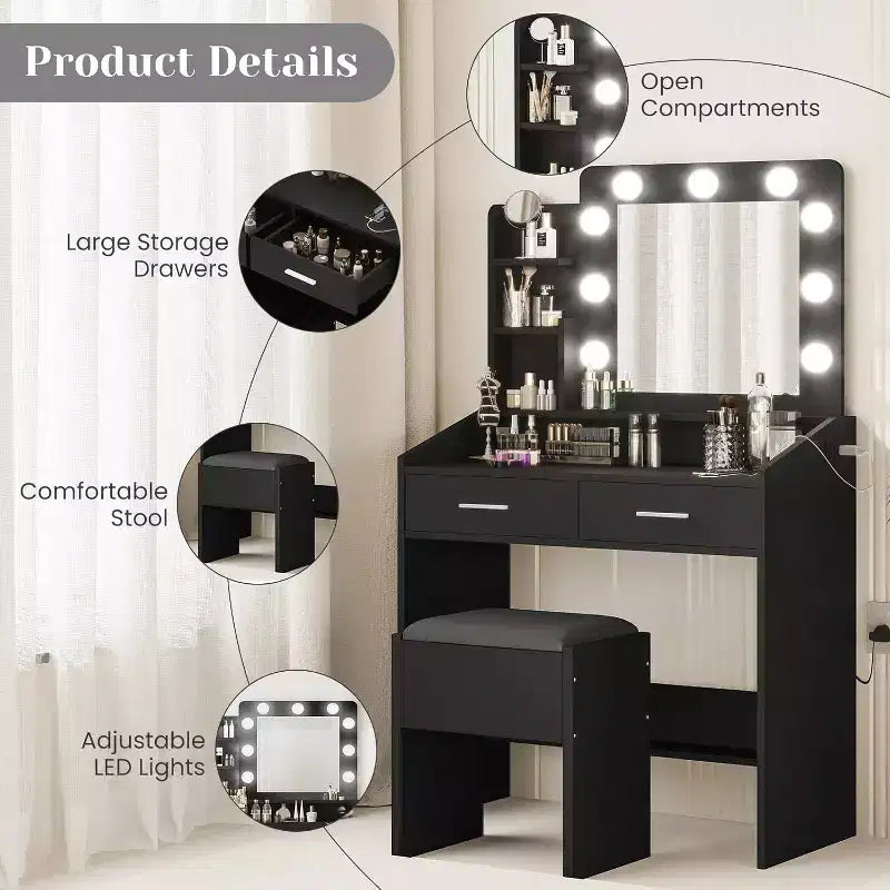 Coiffeuse avec miroir et lumières pour chambre à coucher, table de maquillage avec 2 tiroirs, 3 modes d'éclairage et LED à intensité variableCoiffeuse avec miroir et lumières pour chambre à coucher