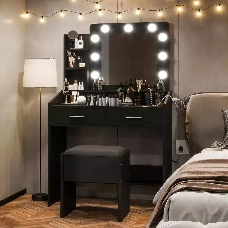 Coiffeuse avec miroir et lumières pour chambre à coucher, table de maquillage avec 2 tiroirs, 3 modes d'éclairage et LED à intensité variableCoiffeuse avec miroir et lumières pour chambre à coucher