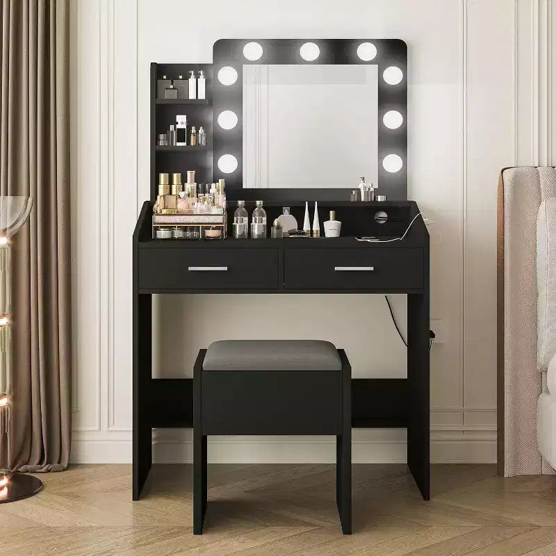 Coiffeuse avec miroir et lumières pour chambre à coucher, table de maquillage avec 2 tiroirs, 3 modes d'éclairage et LED à intensité variableCoiffeuse avec miroir et lumières pour chambre à coucher