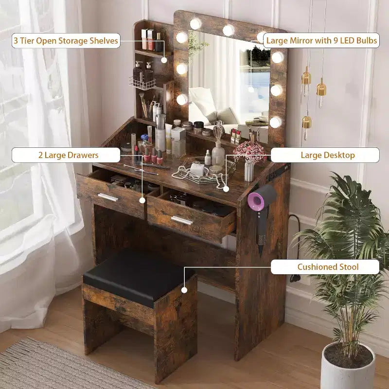 Coiffeuse avec miroir et lumières pour chambre à coucher, table de maquillage avec 2 tiroirs, 3 modes d'éclairage et LED à intensité variableCoiffeuse avec miroir et lumières pour chambre à coucher