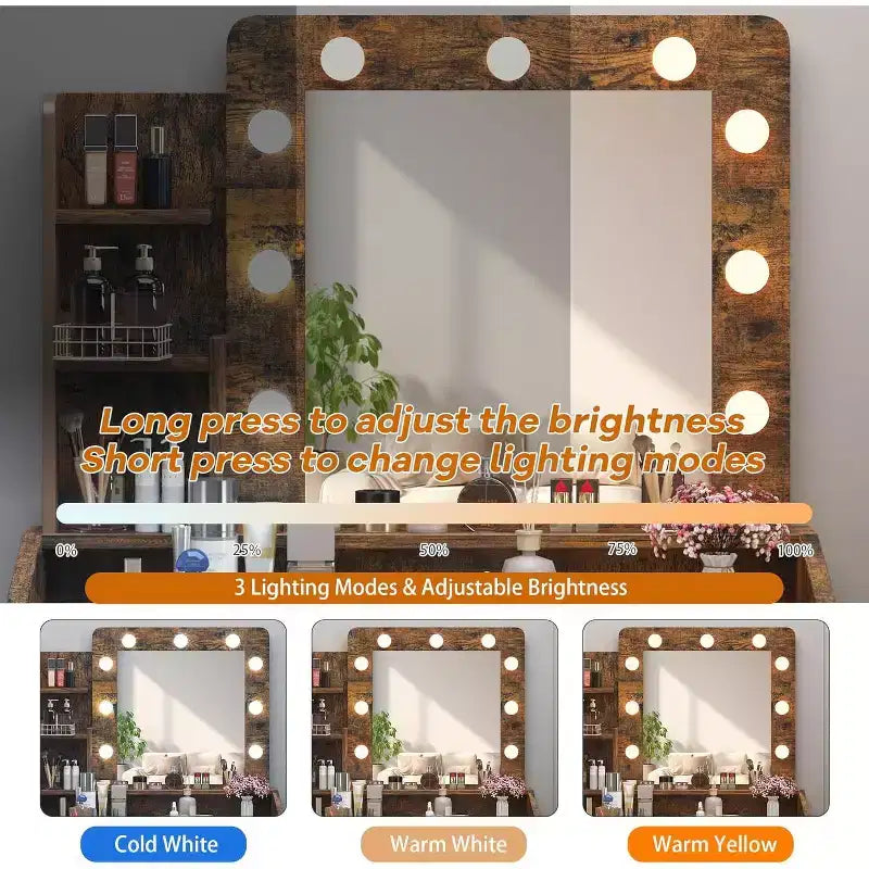 Coiffeuse avec miroir et lumières pour chambre à coucher, table de maquillage avec 2 tiroirs, 3 modes d'éclairage et LED à intensité variableCoiffeuse avec miroir et lumières pour chambre à coucher