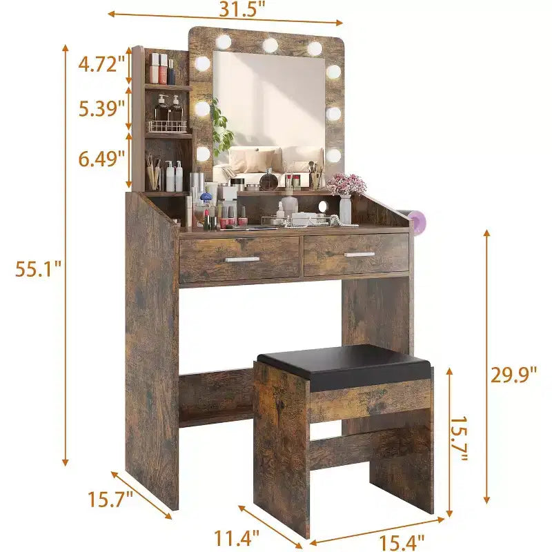 Coiffeuse avec miroir et lumières pour chambre à coucher, table de maquillage avec 2 tiroirs, 3 modes d'éclairage et LED à intensité variableCoiffeuse avec miroir et lumières pour chambre à coucher