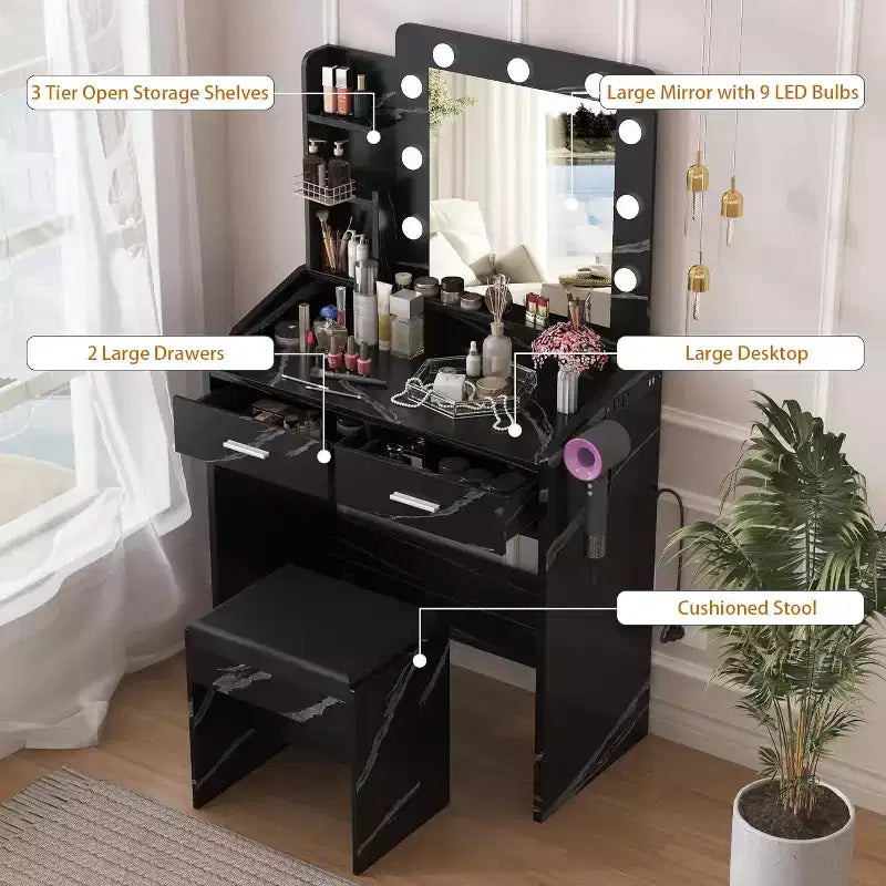 Coiffeuse avec miroir et lumières pour chambre à coucher, table de maquillage avec 2 tiroirs, 3 modes d'éclairage et LED à intensité variableCoiffeuse avec miroir et lumières pour chambre à coucher