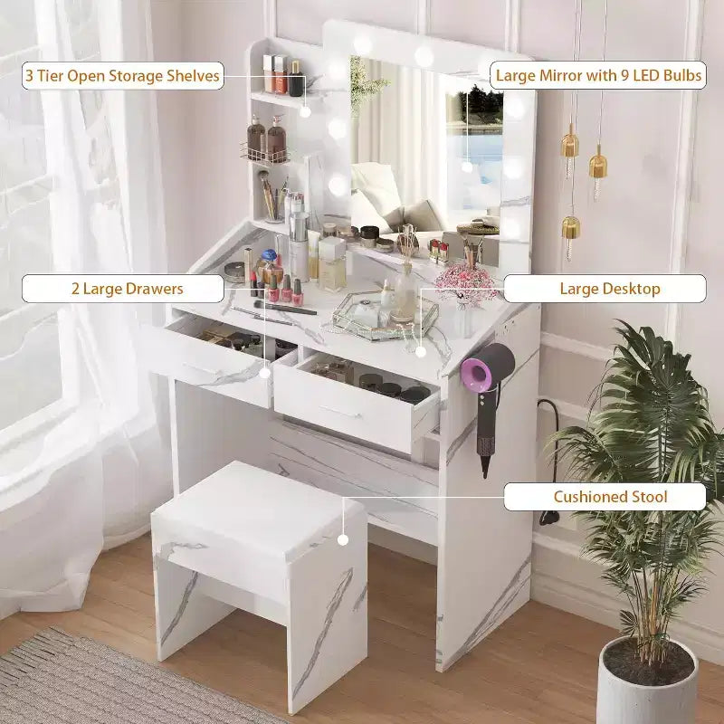 Coiffeuse avec miroir et lumières pour chambre à coucher, table de maquillage avec 2 tiroirs, 3 modes d'éclairage et LED à intensité variableCoiffeuse avec miroir et lumières pour chambre à coucher