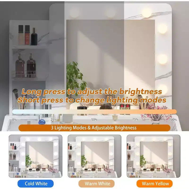Coiffeuse avec miroir et lumières pour chambre à coucher, table de maquillage avec 2 tiroirs, 3 modes d'éclairage et LED à intensité variableCoiffeuse avec miroir et lumières pour chambre à coucher