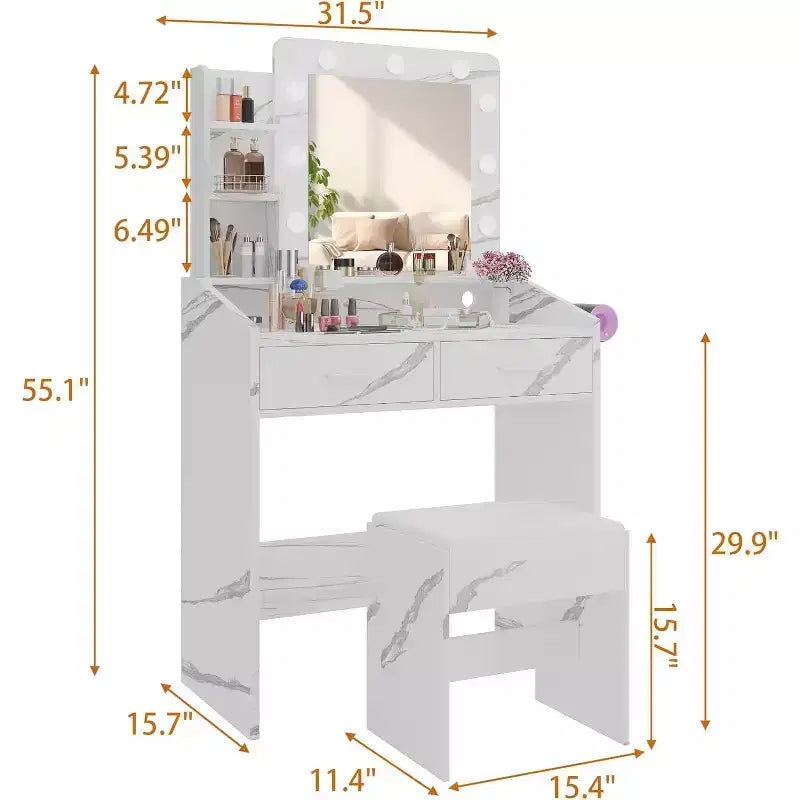 Coiffeuse avec miroir et lumières pour chambre à coucher, table de maquillage avec 2 tiroirs, 3 modes d'éclairage et LED à intensité variableCoiffeuse avec miroir et lumières pour chambre à coucher
