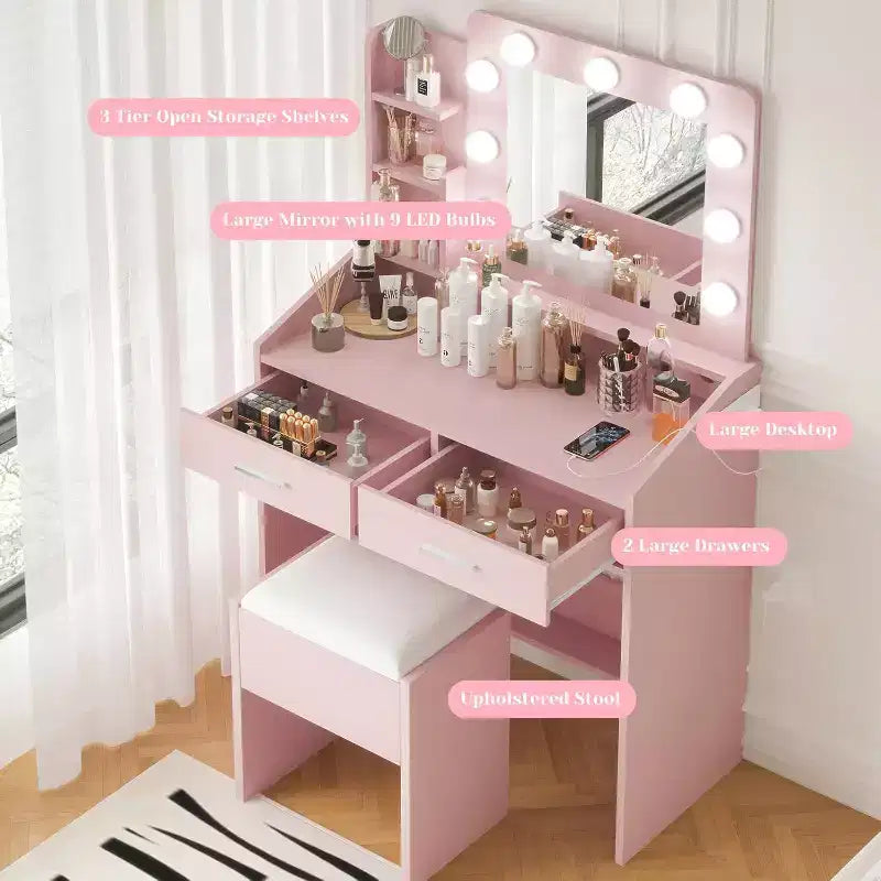 Coiffeuse avec miroir et lumières pour chambre à coucher, table de maquillage avec 2 tiroirs, 3 modes d'éclairage et LED à intensité variableCoiffeuse avec miroir et lumières pour chambre à coucher