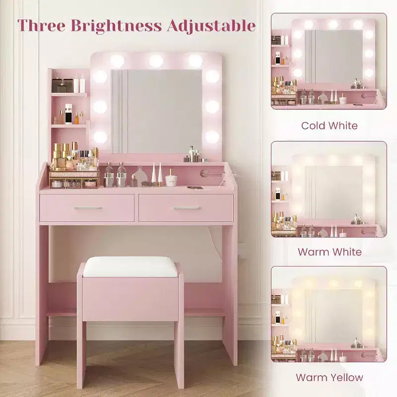 Coiffeuse avec miroir et lumières pour chambre à coucher, table de maquillage avec 2 tiroirs, 3 modes d'éclairage et LED à intensité variableCoiffeuse avec miroir et lumières pour chambre à coucher