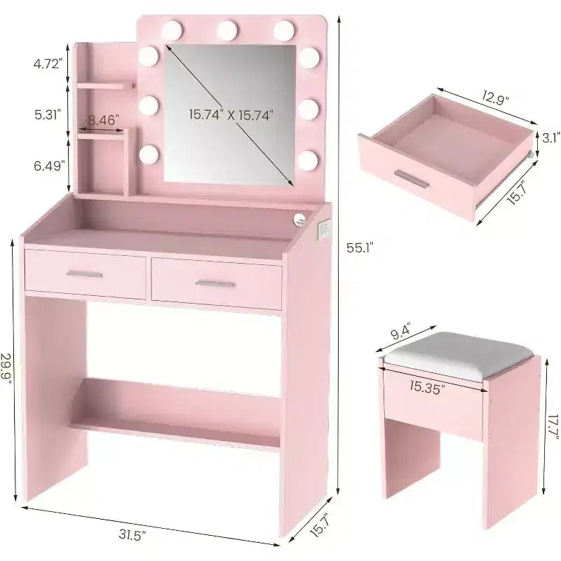 Coiffeuse avec miroir et lumières pour chambre à coucher, table de maquillage avec 2 tiroirs, 3 modes d'éclairage et LED à intensité variableCoiffeuse avec miroir et lumières pour chambre à coucher