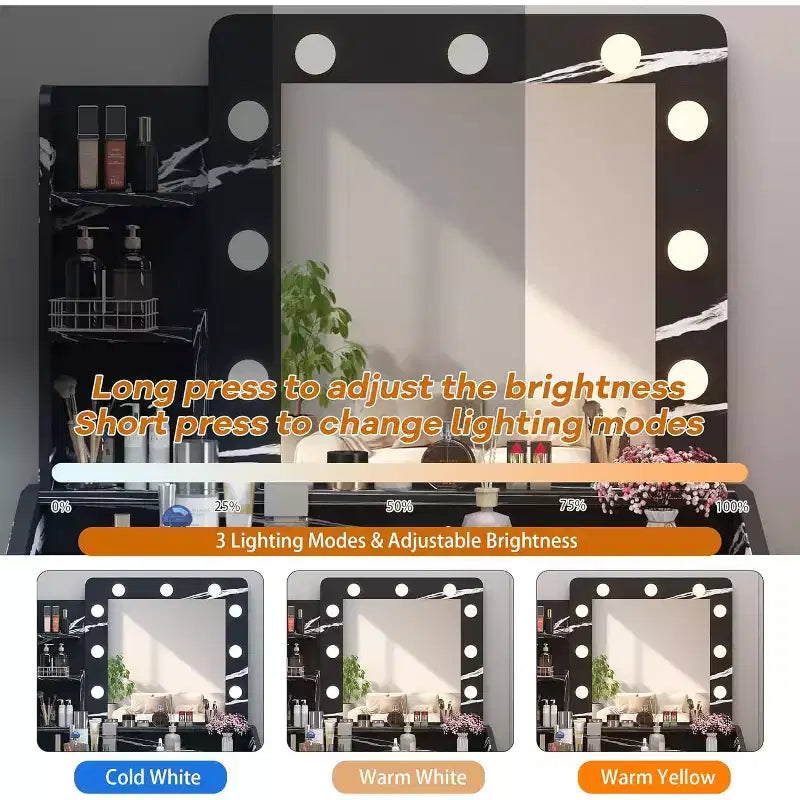 Coiffeuse avec miroir et lumières pour chambre à coucher, table de maquillage avec 2 tiroirs, 3 modes d'éclairage et LED à intensité variableCoiffeuse avec miroir et lumières pour chambre à coucher