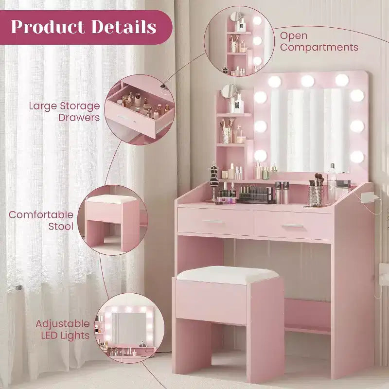 Coiffeuse avec miroir et lumières pour chambre à coucher, table de maquillage avec 2 tiroirs, 3 modes d'éclairage et LED à intensité variableCoiffeuse avec miroir et lumières pour chambre à coucher