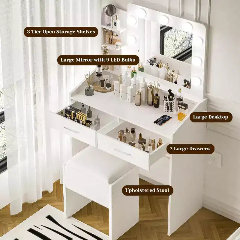 Coiffeuse avec miroir et lumières pour chambre à coucher, table de maquillage avec 2 tiroirs, 3 modes d'éclairage et LED à intensité variableCoiffeuse avec miroir et lumières pour chambre à coucher
