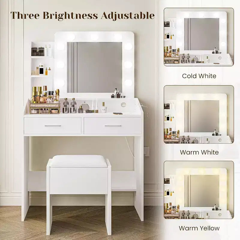 Coiffeuse avec miroir et lumières pour chambre à coucher, table de maquillage avec 2 tiroirs, 3 modes d'éclairage et LED à intensité variableCoiffeuse avec miroir et lumières pour chambre à coucher