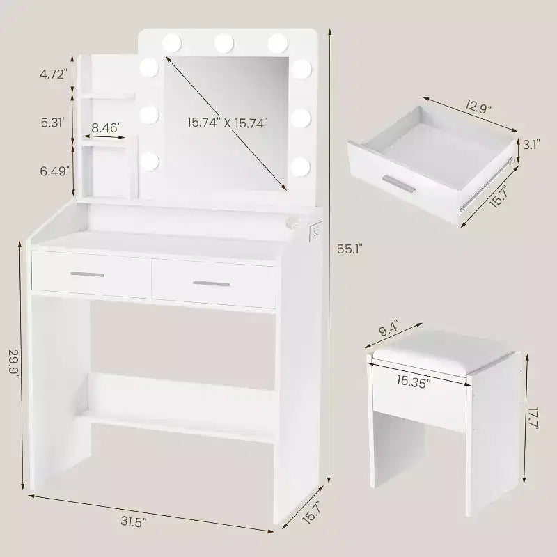 Coiffeuse avec miroir et lumières pour chambre à coucher, table de maquillage avec 2 tiroirs, 3 modes d'éclairage et LED à intensité variableCoiffeuse avec miroir et lumières pour chambre à coucher