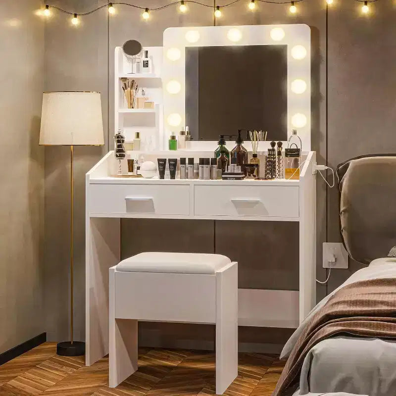 Coiffeuse avec miroir et lumières pour chambre à coucher, table de maquillage avec 2 tiroirs, 3 modes d'éclairage et LED à intensité variableCoiffeuse avec miroir et lumières pour chambre à coucher