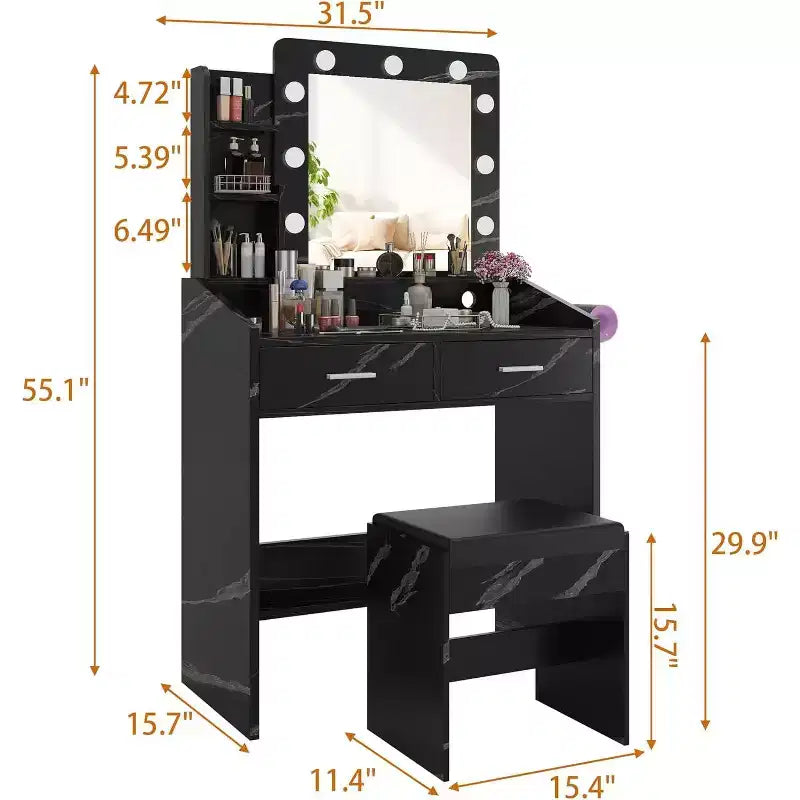 Coiffeuse avec miroir et lumières pour chambre à coucher, table de maquillage avec 2 tiroirs, 3 modes d'éclairage et LED à intensité variableCoiffeuse avec miroir et lumières pour chambre à coucher