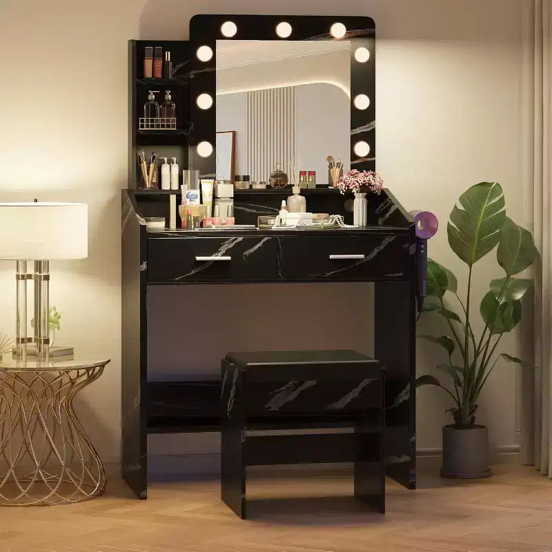 Coiffeuse avec miroir et lumières pour chambre à coucher, table de maquillage avec 2 tiroirs, 3 modes d'éclairage et LED à intensité variableCoiffeuse avec miroir et lumières pour chambre à coucher