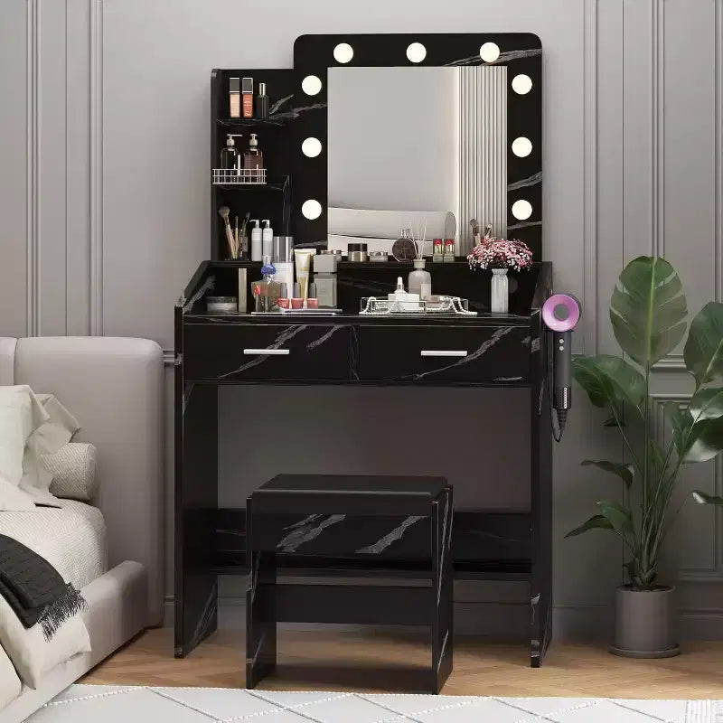 Coiffeuse avec miroir et lumières pour chambre à coucher, table de maquillage avec 2 tiroirs, 3 modes d'éclairage et LED à intensité variableCoiffeuse avec miroir et lumières pour chambre à coucher