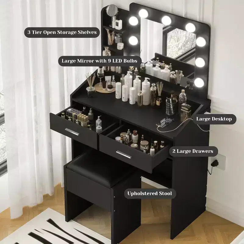 Coiffeuse avec miroir et lumières pour chambre à coucher, table de maquillage avec 2 tiroirs, 3 modes d'éclairage et LED à intensité variableCoiffeuse avec miroir et lumières pour chambre à coucher