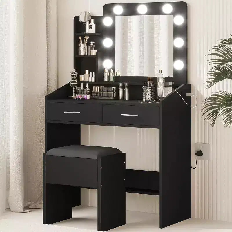 Coiffeuse avec miroir et lumières pour chambre à coucher, table de maquillage avec 2 tiroirs, 3 modes d'éclairage et LED à intensité variableCoiffeuse avec miroir et lumières pour chambre à coucher