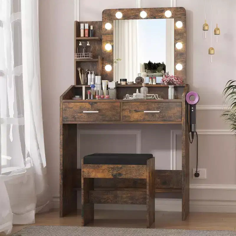 Coiffeuse avec miroir et lumières pour chambre à coucher, table de maquillage avec 2 tiroirs, 3 modes d'éclairage et LED à intensité variableCoiffeuse avec miroir et lumières pour chambre à coucher