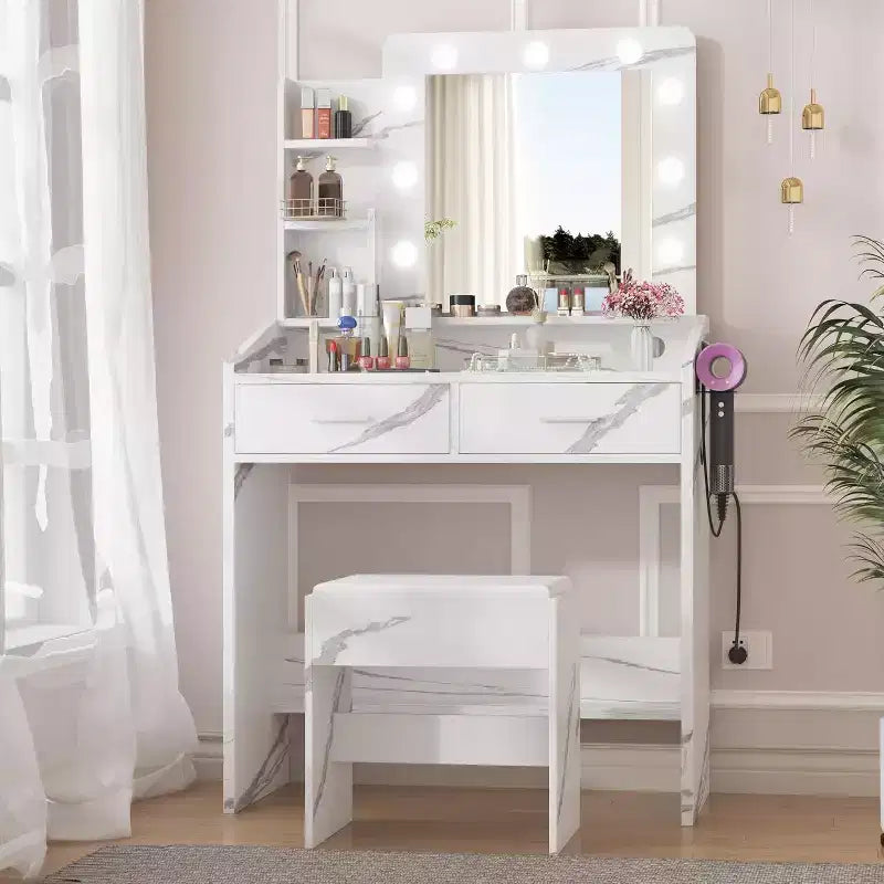 Coiffeuse avec miroir et lumières pour chambre à coucher, table de maquillage avec 2 tiroirs, 3 modes d'éclairage et LED à intensité variableCoiffeuse avec miroir et lumières pour chambre à coucher