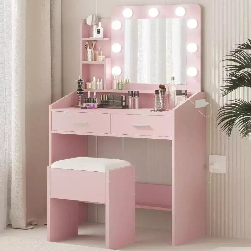 Coiffeuse avec miroir et lumières pour chambre à coucher, table de maquillage avec 2 tiroirs, 3 modes d'éclairage et LED à intensité variableCoiffeuse avec miroir et lumières pour chambre à coucher